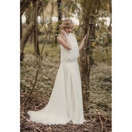 Franse romantische vintage jurken hoge nek kanten bruiloftjurken chiffon country stijl bohemian bruidsjurk gewaad de mariage 0510