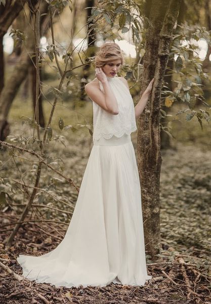 Vestidos de novia vintage románticos franceses Vestidos de novia de encaje con cuello alto Vestido de novia bohemio estilo campestre de gasa robe de mariage