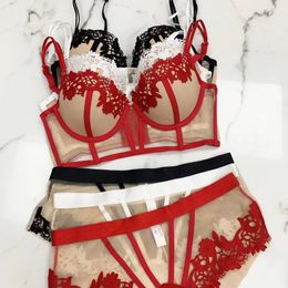 French Sexy Underwear Contrast Color Lace Mesh Push Up Bra and Underwear Set Souswear for Women Beautiful Luxury Intimate 240430