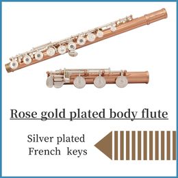 Llaves francesas plateadas, material del cuerpo chapado en oro rosa, flauta con llave C con caja