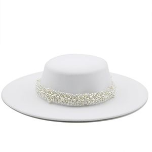 Style mondain français chaîne de perles blanc haut plat Fedora chapeaux pour femmes automne printemps grand bord canotier chapeau haut de forme pour fête de mariage
