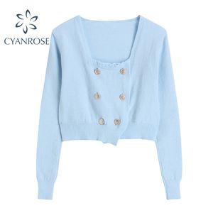 Franse vierkante kraag gewas trui vrouwen lente lange mouw dubbele breasted gebreide tops elegante ins blauwe knitwear mujer 210417