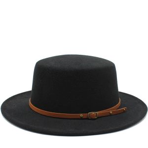 Franse stijl riem brede rand gesp platte top hoed voor dames herfst winter Britse retro veelzijdige wollen jazzhoed