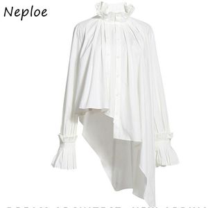 Franse stijl onregelmatige geplooide vrouwen blouse herfst stand kraag dubbele breasted shirt mode vintage femme blusas 210422
