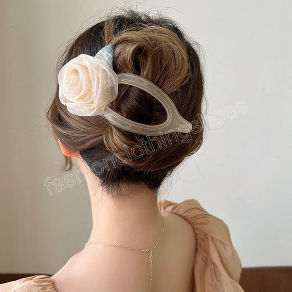 Épingle à cheveux Rose en Organza de style français, pince à cheveux élégante à l'arrière de la tête pour filles, pince à bec de canard, accessoires de coiffure