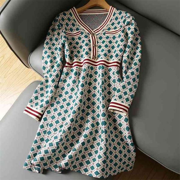 Style français Robe pull à carreaux femmes élégant de haute qualité automne hiver Vintage dames tricoté robes de soirée Vestidos Robe 210514