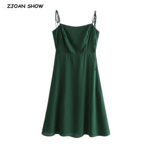 Franse stijl retro vrouwen jurken chic groene aanpassing spaghetti riem jurk vintage slanke chiffon vestido 210429