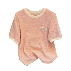 T-shirt à manches courtes de Style français pour femmes, haut rose tricoté en soie glacée, nouveau Design Sense, Niche, été 2024