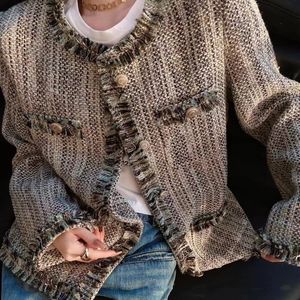 Petite veste courte parfumée de style français, haut vintage à col rond en tweed grossier pour femmes