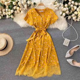 Franse stijl zomer mode korte mouw jurk enkele breasted v-hals floral print midi kant splitsen party 210603