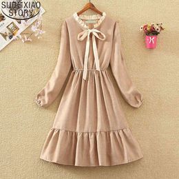 Style français Sweet Bow Femmes Haute Taille Longue Robe Volants Élégant A-Line Robes Femme Automne Manches Midi 12069 210417