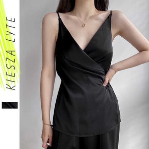 Franse stijl V-hals Tie Satin Top Vrouwen Mouwloze Strappy Summer Crop Tops Vrouwelijke Sexy Vest 210608