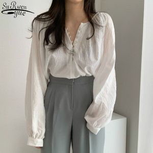 Franse stijl vintage witte bladerdeeg lange mouw vrouwen shirts katoen losse single-breasted blouse overalls voor vrouwen 11021 210427