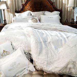 Style français blanc bord de dentelle romantique luxe princesse coton égyptien literie ensemble housse de couette drap de lit taies d'oreiller T200706