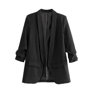 Franse stijl vrouwen modekantoor slijtage open blazer jas vintage lange geplooide mouwen klep zakken vrouwelijke bovenkleding chic tops 240424