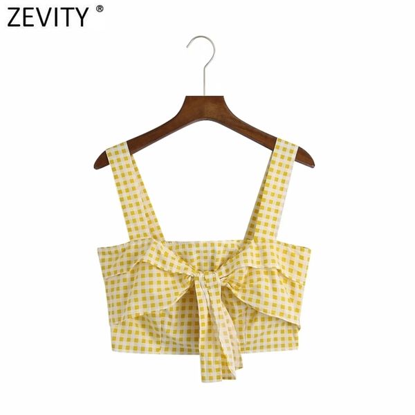 Style français Femmes Sweet Bow Tie Plaid Imprimer Jaune Short Smock Blouse Femme Sling Chemise Chic Blusas Tops LS9160 210416