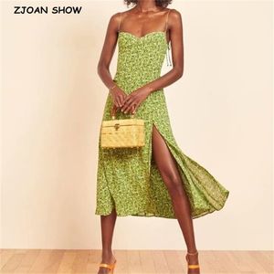 Franse zomer groene bloemenprint bandage spaghetti riem midi jurk retro sexy vrouwen vetersluiting sling spleet jurken vestido 210429