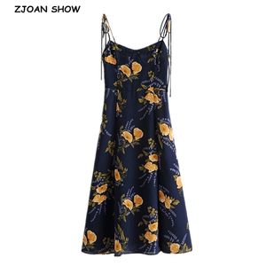 Franse zomer marineblauw blauwe bloemenprint verbatage spaghetti strap midi jurk retro sexy dames racing slit Slit Vestido 220511