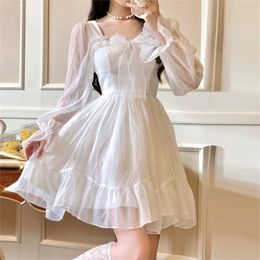 French Sweet Fairy Ita Dres Lage Sleeve Lace Y2K Mini Vintage Kawaii Kleding Koreaanse herfst 220516