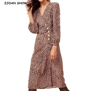 Français col en V avant fente imprimé léopard robe portefeuille Vintage femme nœud laçage taille à manches courtes robes de thé Vestido 210429