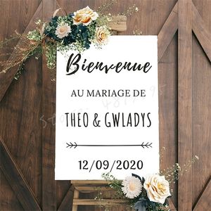 Version française bienvenue à nos autocollants Binue signe vinyle décalcomanie noms personnalisés décor de mariage AZ555 220621