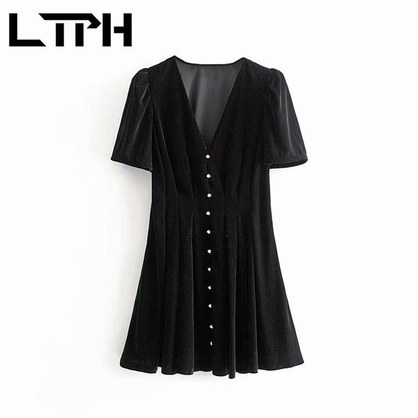 Français vintage noir velours femmes robe à manches courtes simple boutonnage sexy col en v élégant Mini robes printemps automne 210427