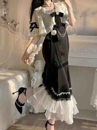 Sirène de fée vintage française dres en dentelle coréenne Party princesse robe femelle 2023 printemps cour doux lolita midi 240319