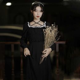 Franse vintage goth jurk zwart vierkante kraag vrouwen lange mouw sprookje lente ruche ontwerper dame japanse sexy 210604