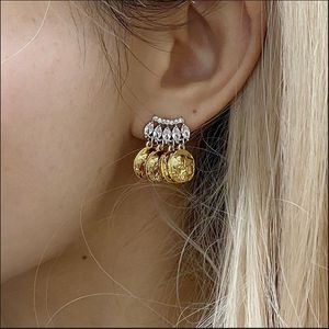Français Vintage grec or pièce pendentif contraste boucles d'oreilles cristal en relief gland boucles d'oreilles bijoux de luxe E3893