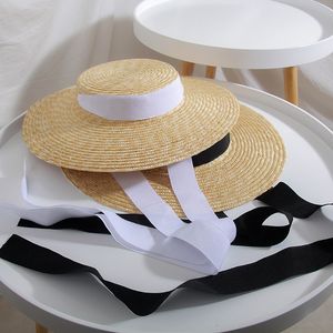 Franse Vintage Hepburn Strooien Hoed Zomervakantie Strand Caps Lang Lint Elegante Platte Pet Zonnebrandcrème Bandage Brede Rand Hoeden