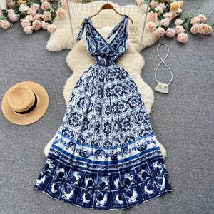 Franse vintage veter opgeschort jurk zomer dames design sense kleine taille slanke grote swing bloemen lange jurk