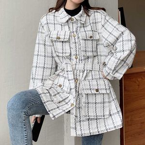 Franse vintage lange mouwen plaid tweed jas vrouwen winter hoge straat bovenkleding Koreaanse jas vrouwelijke business chic 210604