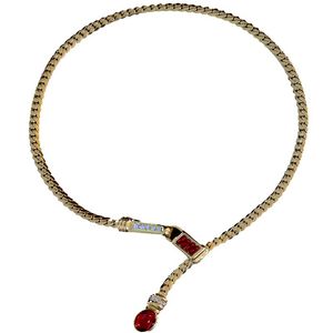 Collier Vintage français, bijoux en verre rouge, strass, os de serpent, chaîne en forme de Y