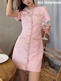 Robe rose Vintage française pour femmes, automne, tissage de haute qualité, Tweed, slim, jupe de soirée élégante, redingote, 240109