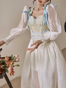 Vestido midi de fiesta de noche elegante con estampado vintage francés de gasa para mujer con manga de burbuja coreano Retro 230808