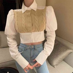 Frans Vintage Twist Patroon Gebreide Patchwork Blouse Dames Turn Down Collar Puff Long Sleeve Slim Fit Blusas Feminino Shirt 210422