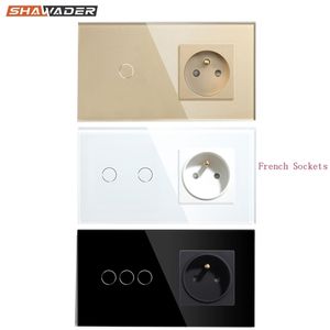 Interruptor de luz de enchufe de pared francés 1/2/3 Gang con enchufes de pared eléctricos de 1 vía Panel táctil de cristal 16A Francia rectangular T200605