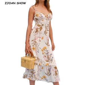 Franse Vrouwen jurk veter op hout oor ruches kraag bloemen print spaghetti riem midden-kalf jurken mode vrouwelijke kleding 210429