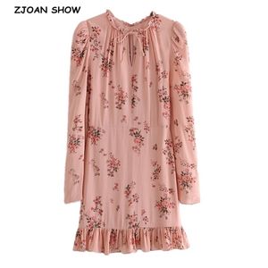 Franse vrouwen lange mouwen jurk elegante vetershout oren kraag bloemen print ruche zoom korte feestjurken slim fit vestido 210429