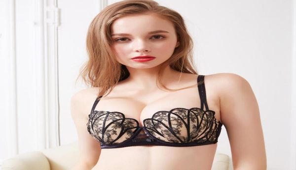 Femmes françaises Push Up Lingerie Sexy sous-vêtements mince coton rembourré demi-tasse broderie soutien-gorge pour petit sein noir rouge brassière Y20046227848