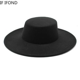 Franse dameshoed Big Wide Brim 10cm Fedora hoed Winter Wool Derby Wedding Jazz Hats Flat Top Filt Hat 240425