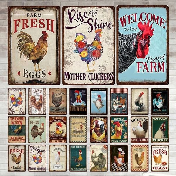 Oeufs frais en métal Tin Sign Farm Shop French Cafe Milk Home Wall Decor Vintage Poster Tin Plates Happy Chicken Retro Plaque 20cmx30cm Woo