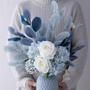 Fleur artificielle nordique fraîche en soie, Simulation élégante, Rose blanche, Bouquet d'hortensia avec Vase en céramique pour décoration de Table de maison