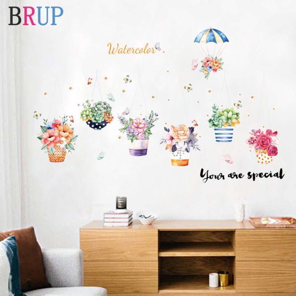 Autocollant mural plante fraîche en Pot, beau Pot de fleur, décoration de maison, décoration de salle d'art créative, vinyle Pvc, plante naturelle, sparadrap muraux