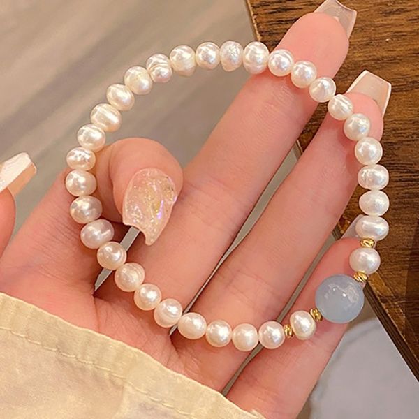 Bracelet de perles d'eau douce, de cristal aigue-marine, à la mode pour femmes, Bracelets d'amitié élastiques de plage d'été