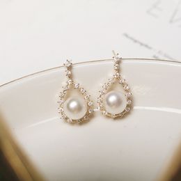 Boucles d'oreilles en perles d'eau douce, clous d'oreilles en cristal, goutte d'eau, bijoux à la mode pour dame/fille