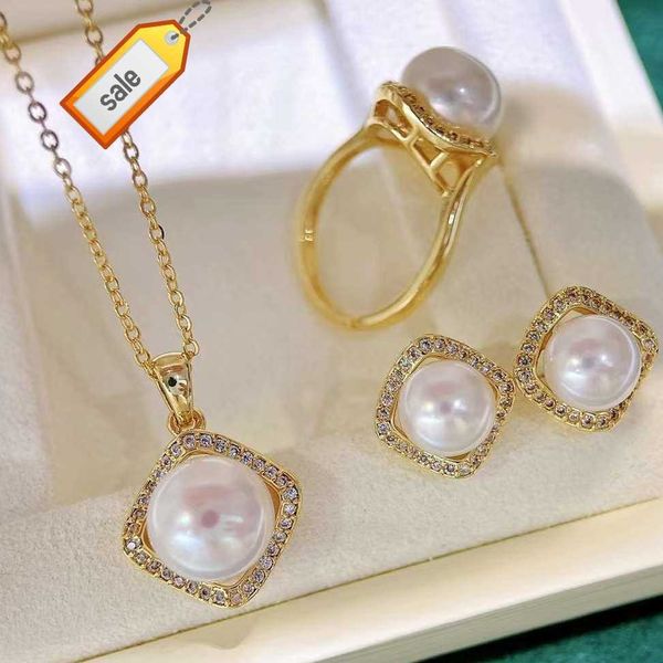 Perle d'eau douce collier boucles d'oreilles bague ensemble perle ensemble de bijoux naturel 10-11mm à la mode femmes Zircon vrai diamant ensembles de bijoux