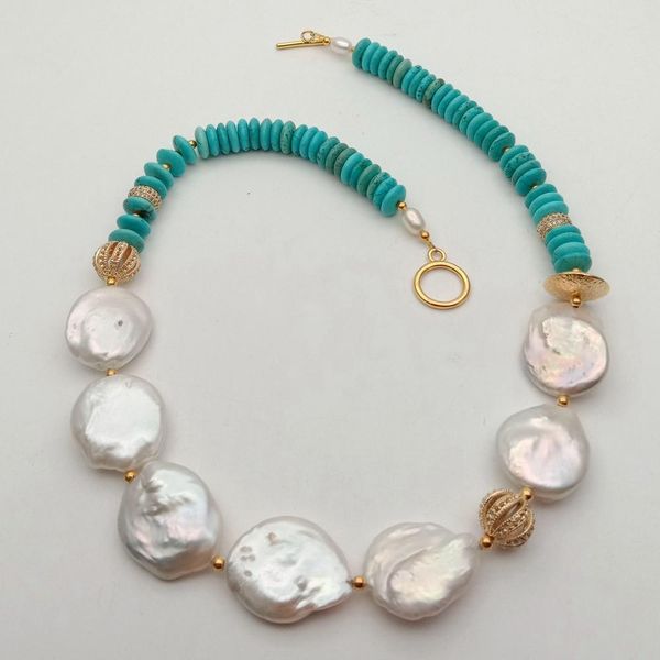 Pièce blanche d'eau douce KeShi perle bleu turquoise Rondelle collier ras du cou fête ethnique pour femme cadeau