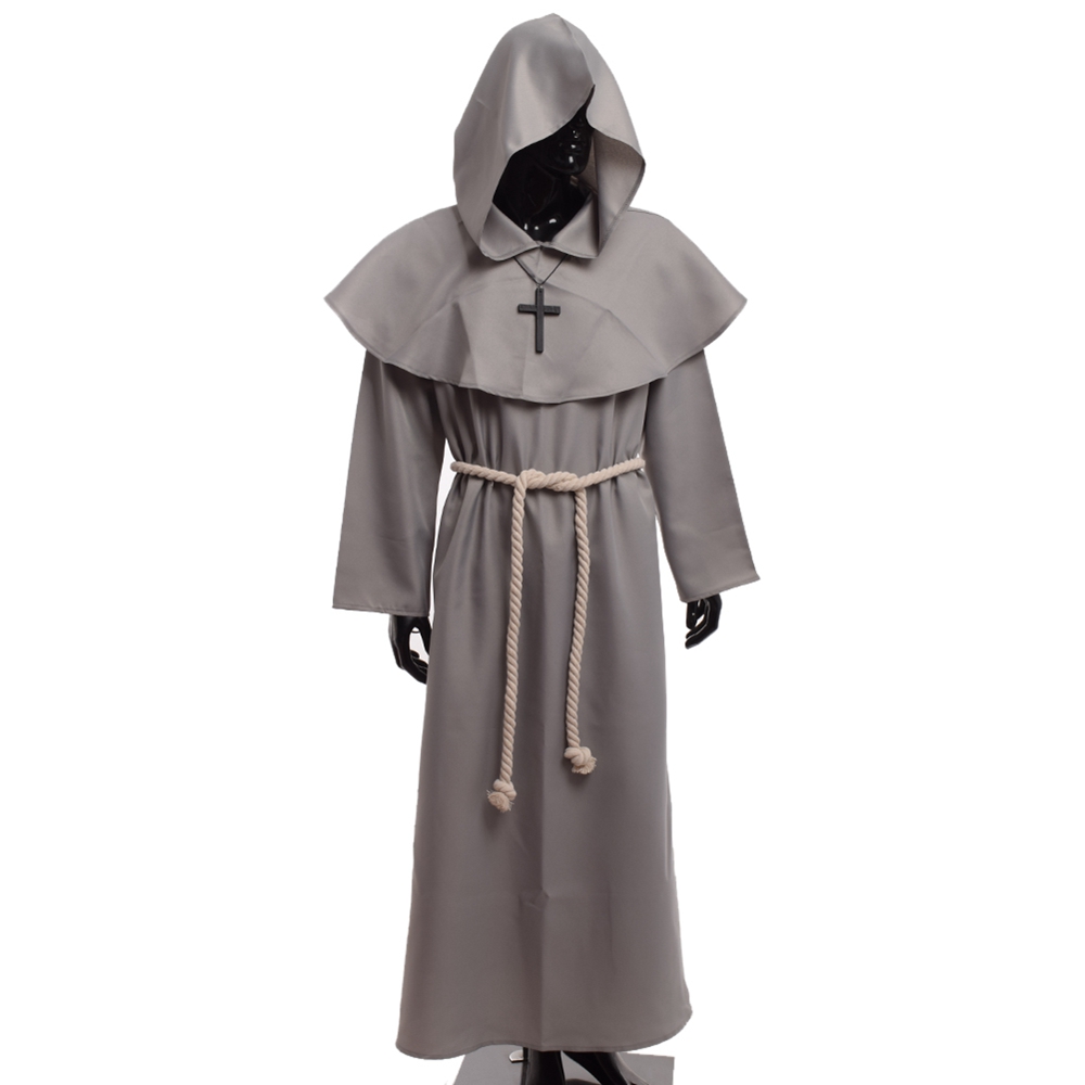 Medieval Costume for Men Women Priest Cosplay Mantale Hood Cloak Monk Cowl Robes Outfits with Cross Necklace Set