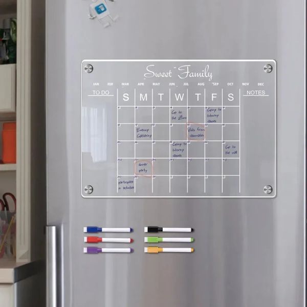 Etiqueta engomada del imán del refrigerador Calendario Planificador semanal Pizarra magnética borrable en seco Horario Menú de mensajes del refrigerador de acrílico transparente 240113